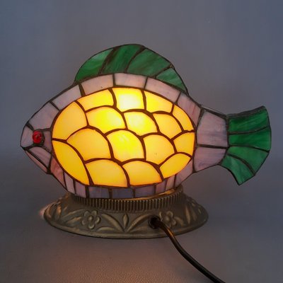 Multicolored Leaded Glass Fish Table Lamp with Brass Base, 1970s-PWG-2041259