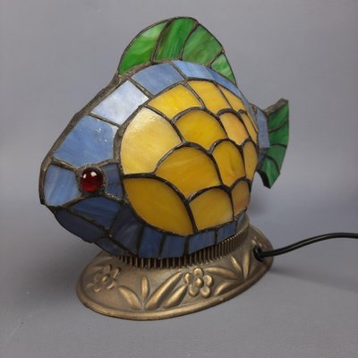 Multicolored Leaded Glass Fish Table Lamp with Brass Base, 1970s-PWG-2041259