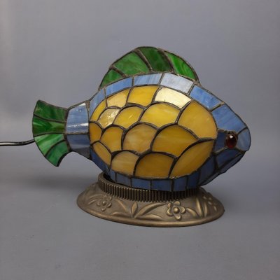 Multicolored Leaded Glass Fish Table Lamp with Brass Base, 1970s-PWG-2041259