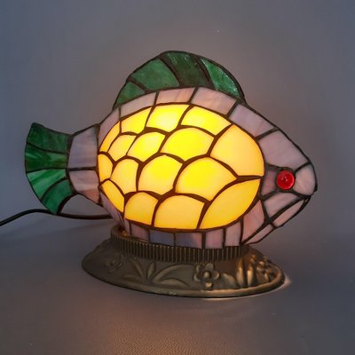 Multicolored Leaded Glass Fish Table Lamp with Brass Base, 1970s-PWG-2041259