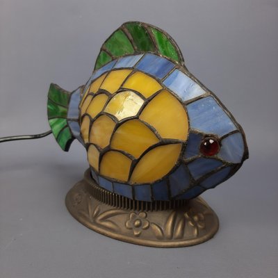 Multicolored Leaded Glass Fish Table Lamp with Brass Base, 1970s-PWG-2041259