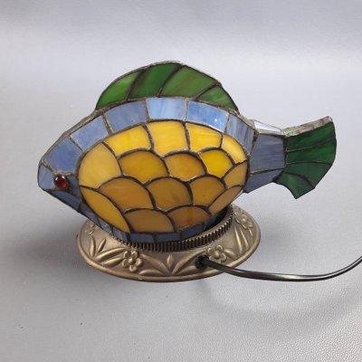 Multicolored Leaded Glass Fish Table Lamp with Brass Base, 1970s-PWG-2041259