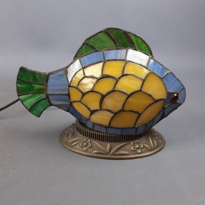 Multicolored Leaded Glass Fish Table Lamp with Brass Base, 1970s-PWG-2041259