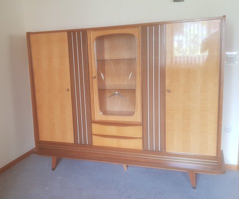 Multifunction Birch, Walnut, Brass and Vinyl Cabinet with 2 Drawers and Decorated Glass Panel, 1950s-HOI-942005