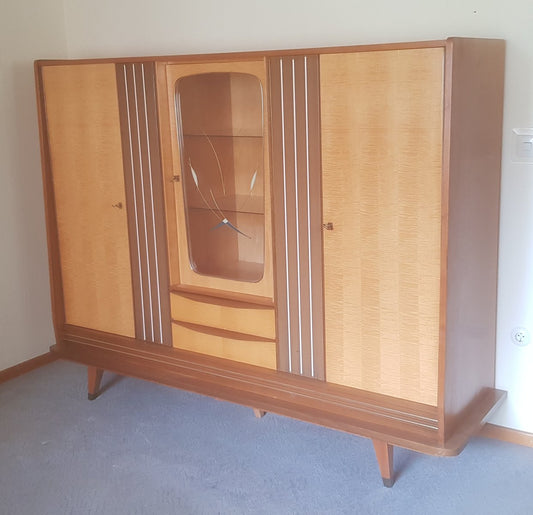 Multifunction Birch, Walnut, Brass and Vinyl Cabinet with 2 Drawers and Decorated Glass Panel, 1950s