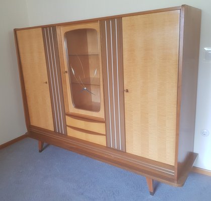 Multifunction Birch, Walnut, Brass and Vinyl Cabinet with 2 Drawers and Decorated Glass Panel, 1950s-HOI-942005