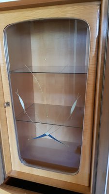 Multifunction Birch, Walnut, Brass and Vinyl Cabinet with 2 Drawers and Decorated Glass Panel, 1950s-HOI-942005