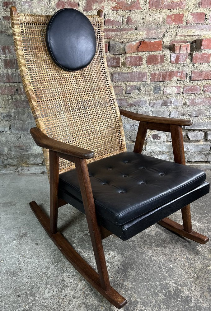 Muntendam Rocking Chair in Teak and Rattan by P. J. Muntendam for Gebroeders Jonkers Noordwolde, 1950