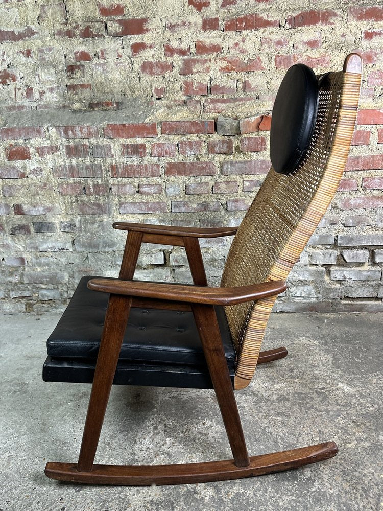 Muntendam Rocking Chair in Teak and Rattan by P. J. Muntendam for Gebroeders Jonkers Noordwolde, 1950