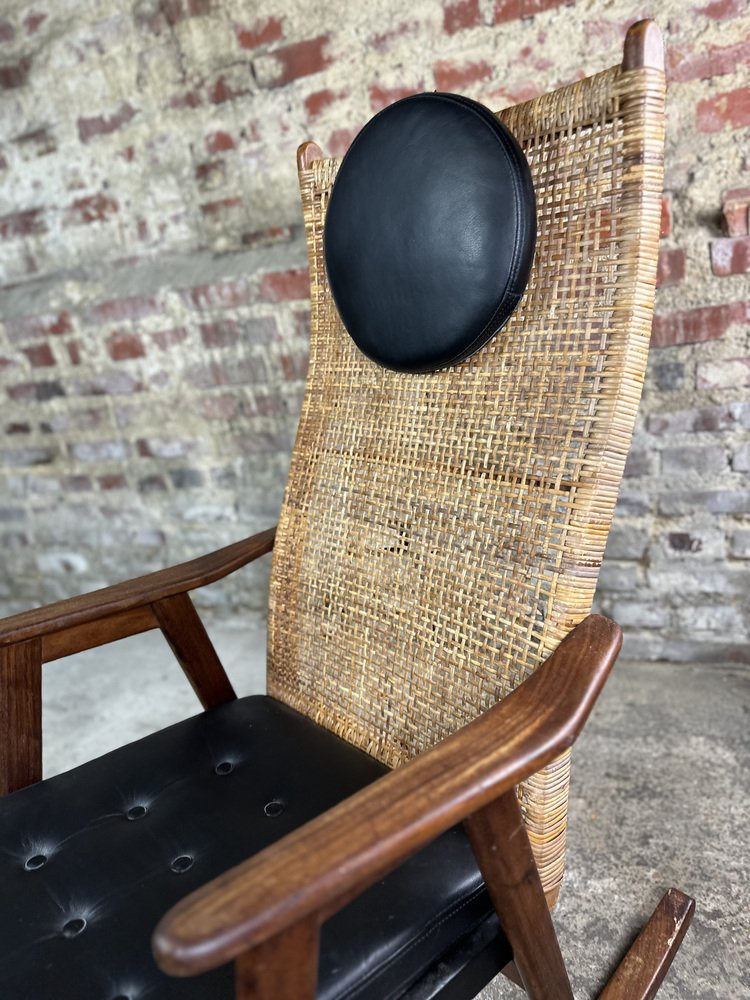 Muntendam Rocking Chair in Teak and Rattan by P. J. Muntendam for Gebroeders Jonkers Noordwolde, 1950