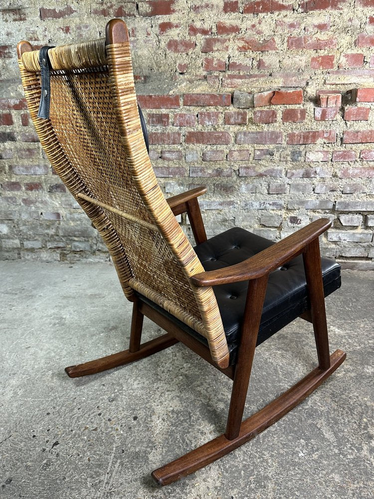 Muntendam Rocking Chair in Teak and Rattan by P. J. Muntendam for Gebroeders Jonkers Noordwolde, 1950