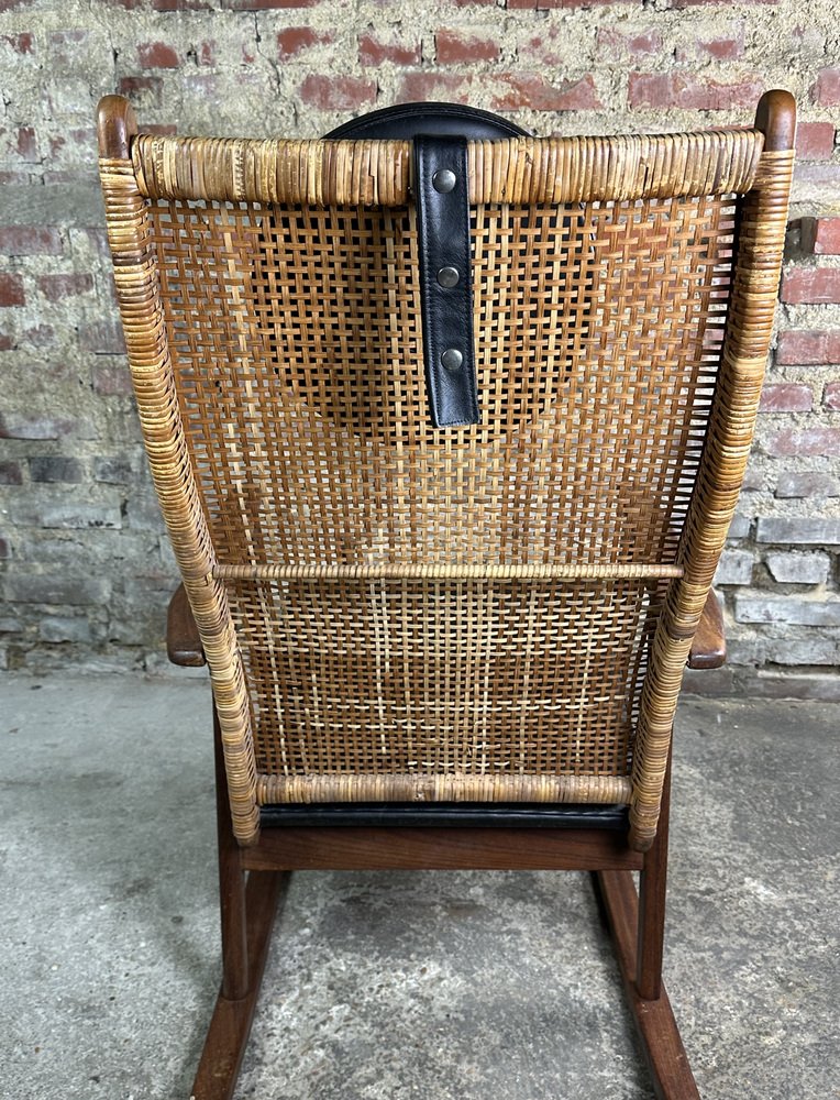 Muntendam Rocking Chair in Teak and Rattan by P. J. Muntendam for Gebroeders Jonkers Noordwolde, 1950