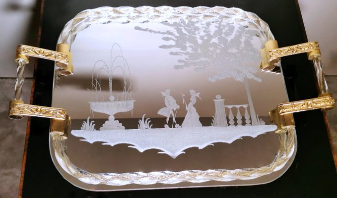 Murano Barovier Style Vanity Tray with Etched Mirror and Twisted Glass Rope-QRS-1050563