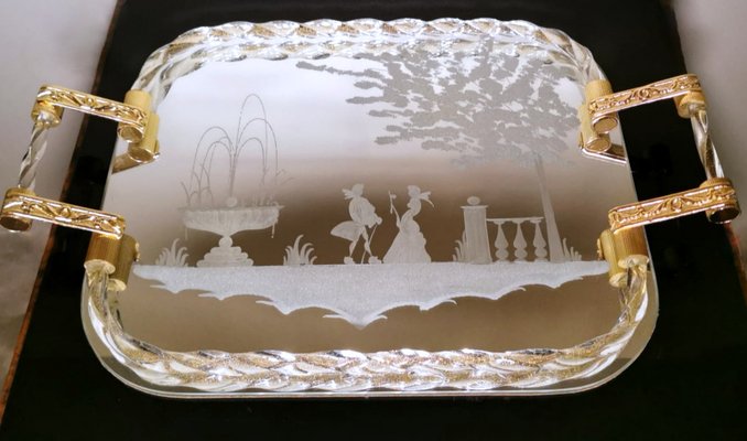 Murano Barovier Style Vanity Tray with Etched Mirror and Twisted Glass Rope-QRS-1050563