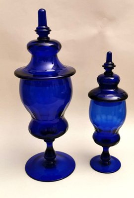 Murano Bottle Jars with Lids in Blown Blue Glass,  Set of 2-QRS-626999