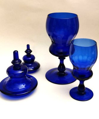 Murano Bottle Jars with Lids in Blown Blue Glass,  Set of 2-QRS-626999