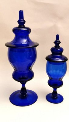 Murano Bottle Jars with Lids in Blown Blue Glass,  Set of 2-QRS-626999