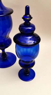 Murano Bottle Jars with Lids in Blown Blue Glass,  Set of 2-QRS-626999