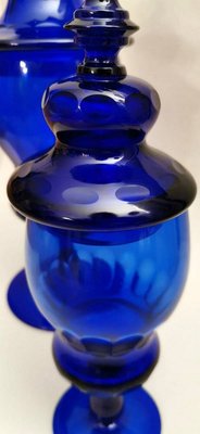 Murano Bottle Jars with Lids in Blown Blue Glass,  Set of 2-QRS-626999