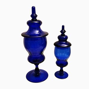 Murano Bottle Jars with Lids in Blown Blue Glass,  Set of 2-QRS-626999