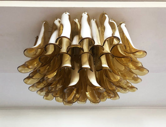 Murano Ceiling Lamp with 64 Caramel Lattimo Glass Petals, 1990