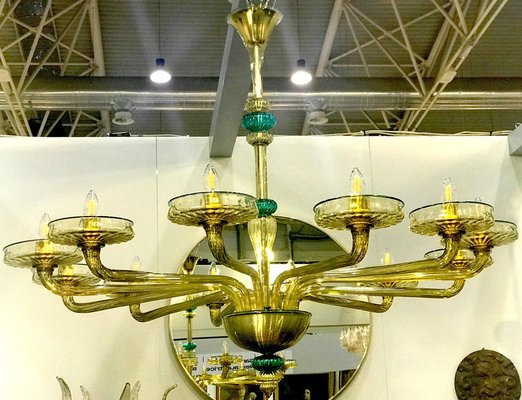 Murano Chandelier in Amber and Emerald Hand Blown Glass from Venini, 1960s-MBH-1031959