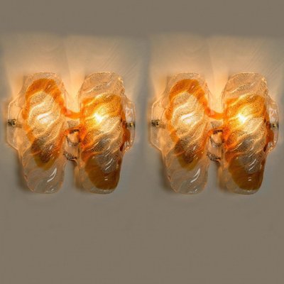 Murano Clear and Orange Glass Wall Lights, 1970s, Set of 2-VDW-1422391