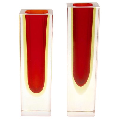 Murano Glass Block Vases with Red Core and Diffused Amber by Flavio Poli, Set of 2-MJY-1148928