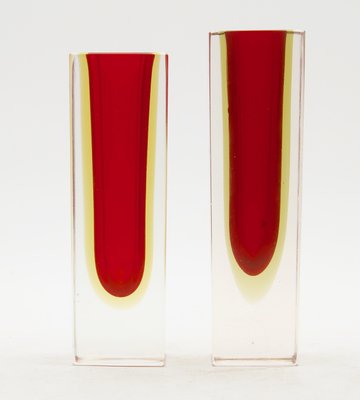 Murano Glass Block Vases with Red Core and Diffused Amber by Flavio Poli, Set of 2-MJY-1148928