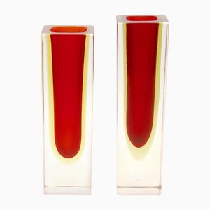 Murano Glass Block Vases with Red Core and Diffused Amber by Flavio Poli, Set of 2-MJY-1148928