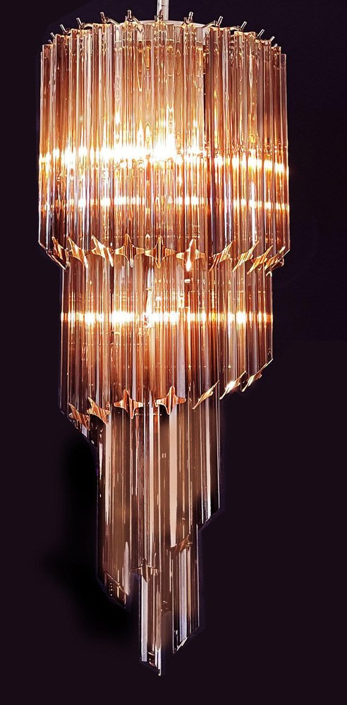 Murano Glass Spiral Chandeliers with 54 Quadriedri Smoked Prisms, 1980s, Set of 2