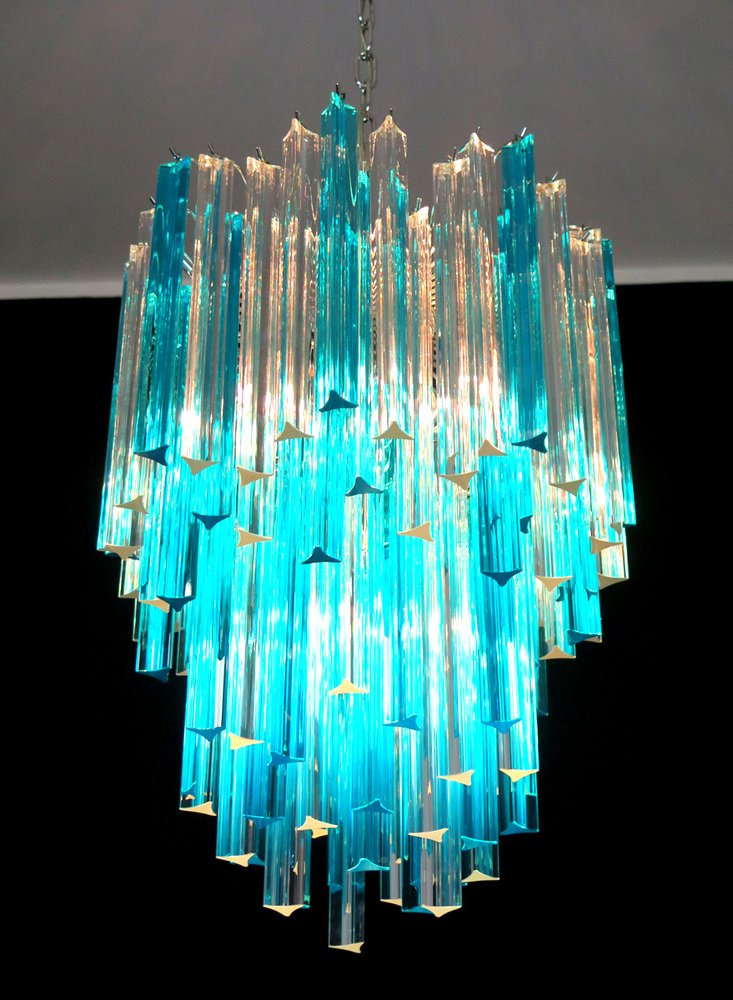 Murano Glass Triedri Chandelier with 92 Transparent and Blue Prisms, 1990s