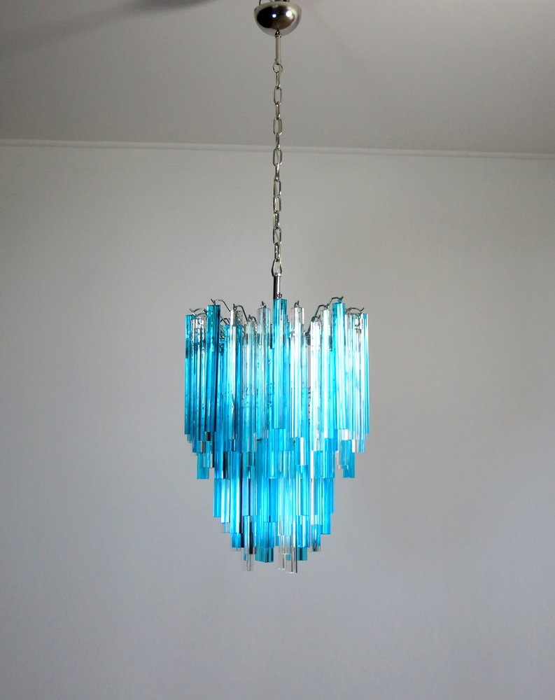 Murano Glass Triedri Chandelier with 92 Transparent and Blue Prisms, 1990s