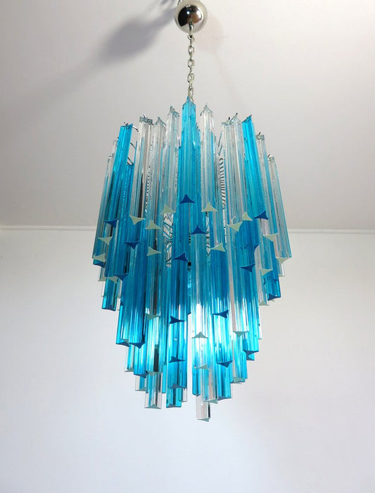 Murano Glass Triedri Chandelier with 92 Transparent and Blue Prisms, 1990s