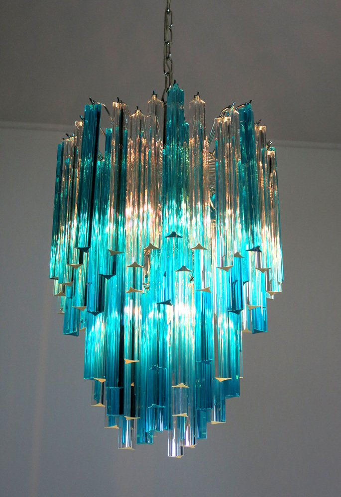 Murano Glass Triedri Chandelier with 92 Transparent and Blue Prisms, 1990s