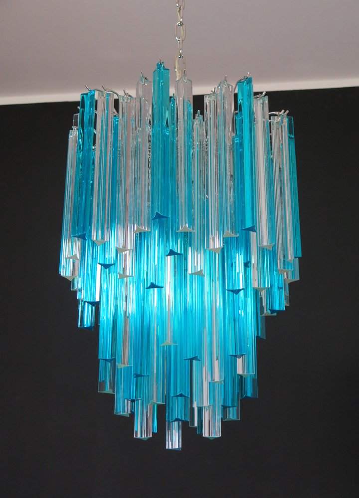 Murano Glass Triedri Chandelier with 92 Transparent and Blue Prisms, 1990s