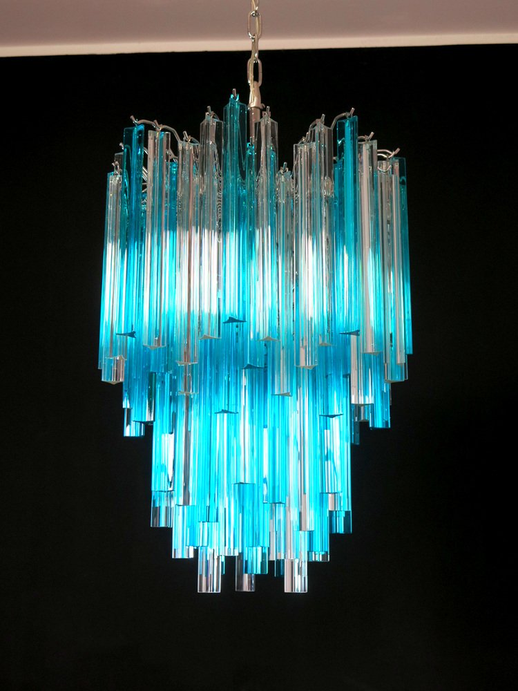 Murano Glass Triedri Chandelier with 92 Transparent and Blue Prisms, 1990s