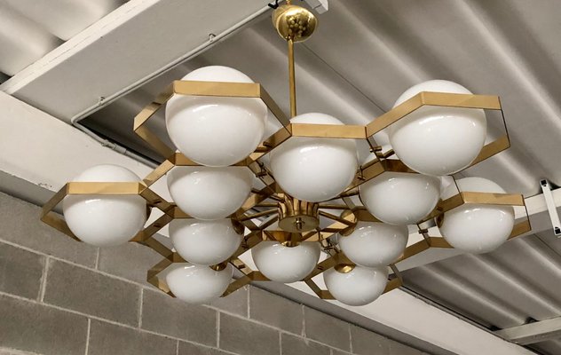 Murano Hexagonal White Glass and Brass Chandelier, 1980-UH-1050576