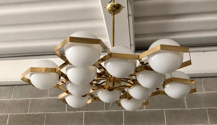 Murano Hexagonal White Glass and Brass Chandelier, 1980-UH-1050576