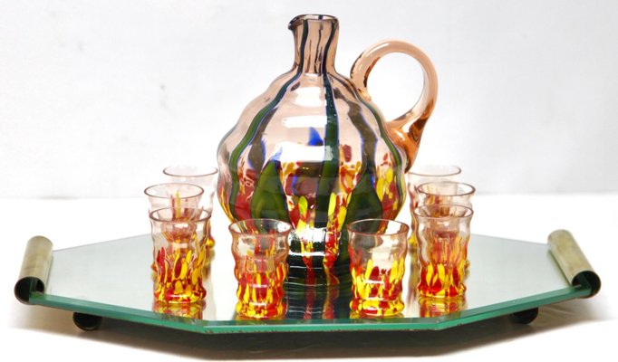 Murano Liqueur Shot Glasses and Decanter with Serving Tray, 1938, Set of 10-MJY-1448606