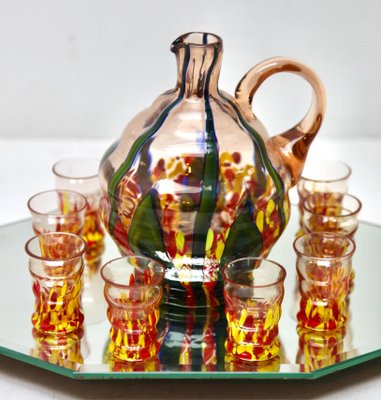 Murano Liqueur Shot Glasses and Decanter with Serving Tray, 1938, Set of 10-MJY-1448606