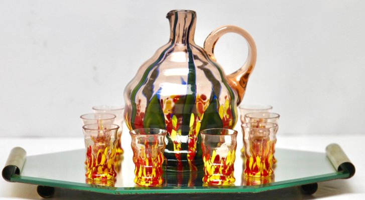 Murano Liqueur Shot Glasses and Decanter with Serving Tray, 1938, Set of 10-MJY-1448606