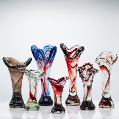 Murano Multi-Coloured Glass Vases, Italy, 1970, Set of 7-VDW-2044206