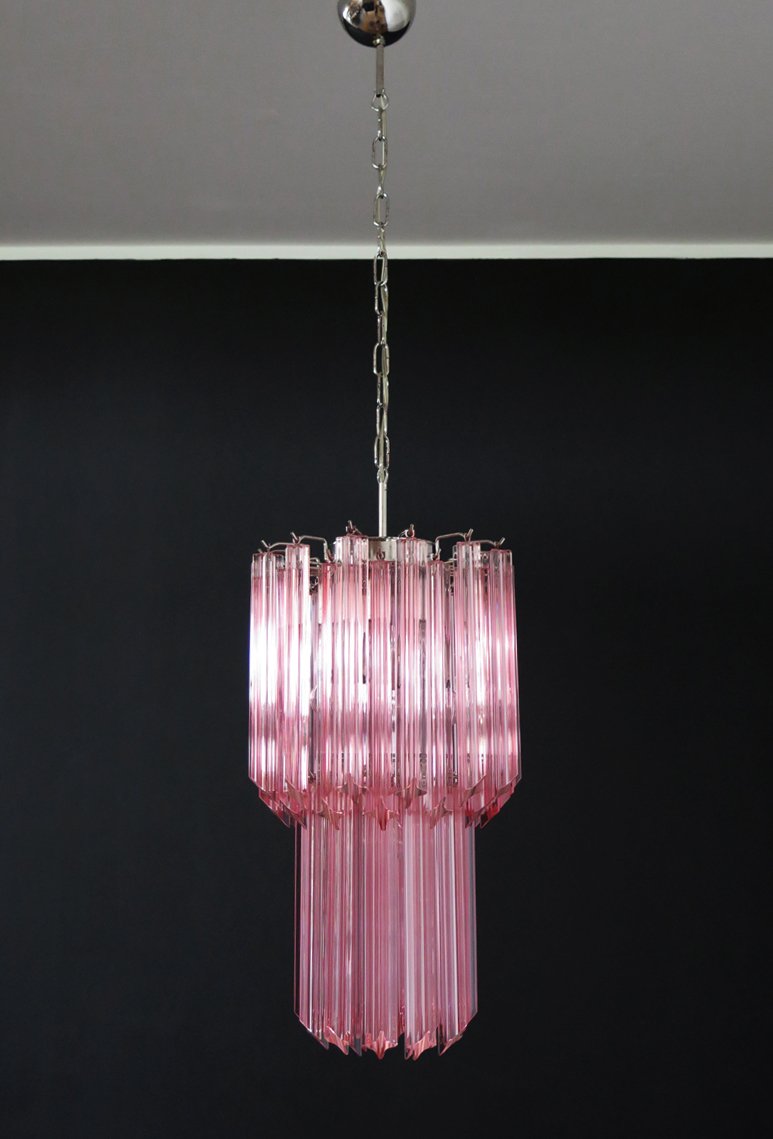 Murano Quadriedri Chandelier with 46 Pink Prisms, 1990s