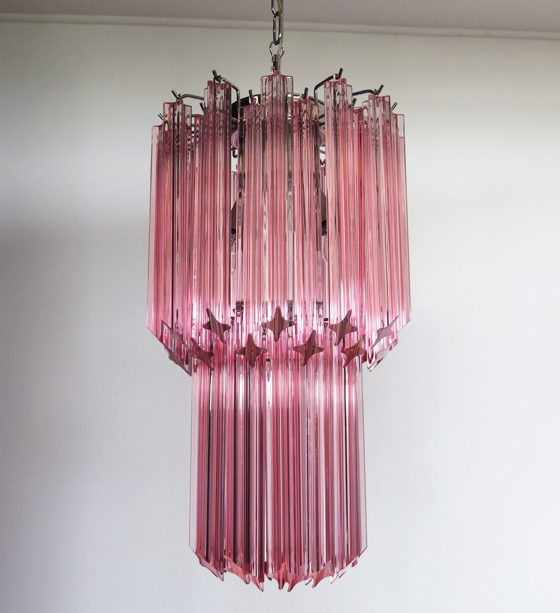 Murano Quadriedri Chandelier with 46 Pink Prisms, 1990s