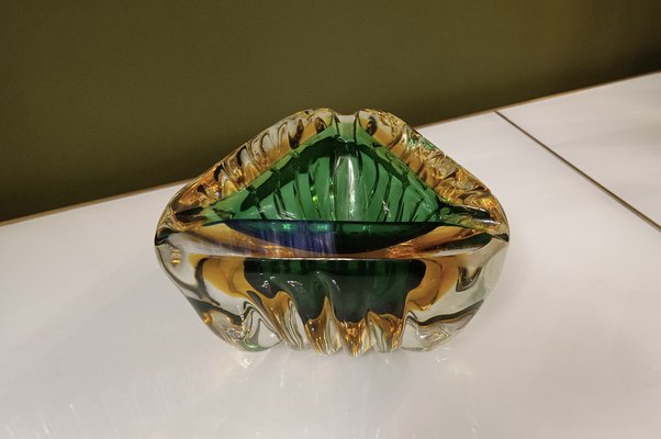 Murano Triangular Green and Yellow Glass Ashtray, 1960-UH-1811742