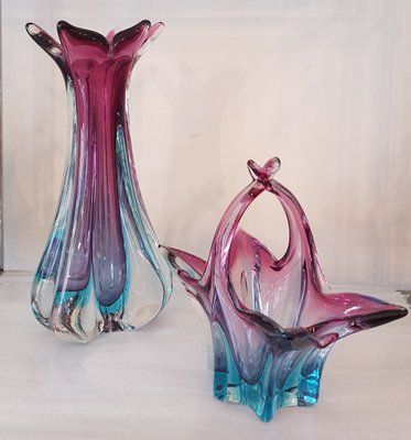 Murano Vase and Bowl with Handle, 1950s, Set of 2-QDP-665644