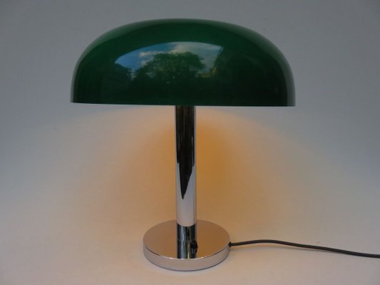 Mushroom Chrome Table Lamp with Dark Green Plastic Shade, 1960s-EY-754503