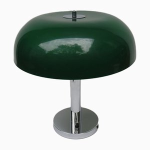 Mushroom Chrome Table Lamp with Dark Green Plastic Shade, 1960s-EY-754503