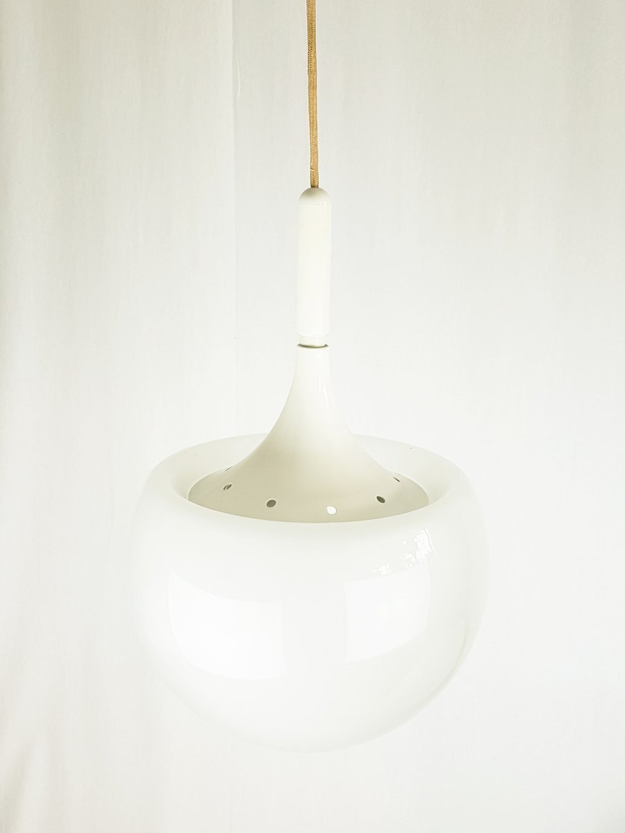 Mushroom-Shaped White Metal and Sandblasted Glass Pendant Lamp attributed to Martinelli Luce, 1960s